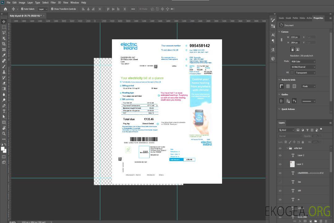 IRLANDE ELECTRIC IRELAND facture de services publics modèle Word et PDF template